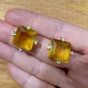 Huge GAUDY Citrine Princess Cut Stud Earrings Diamonds Gold MOB WIFE